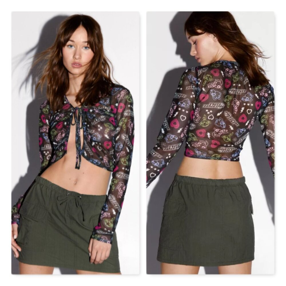 Powerpuff Girls Printed Mesh Tie Front Cardigan